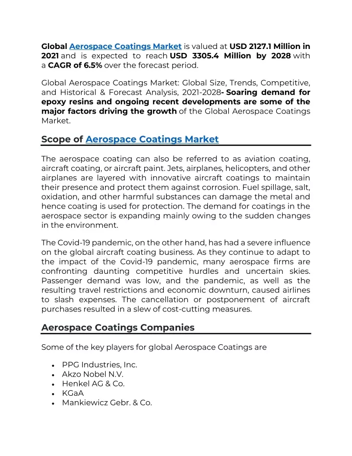 global aerospace coatings market is valued