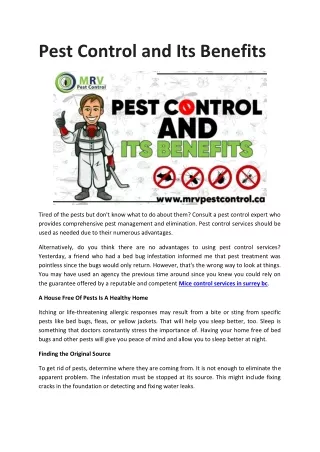 Pest Control and Its Benefits