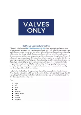 Ball Valve Manufacturer in USA