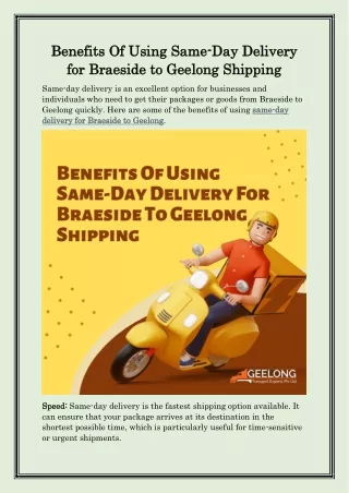 Benefits Of Using Same- Day Delivery Braeside to Geelong