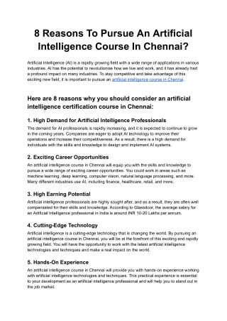 8 Reasons To Pursue An Artificial Intelligence Course In Chennai