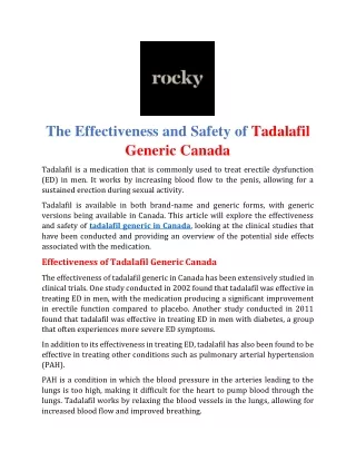 The Effectiveness and Safety of Tadalafil Generic Canada