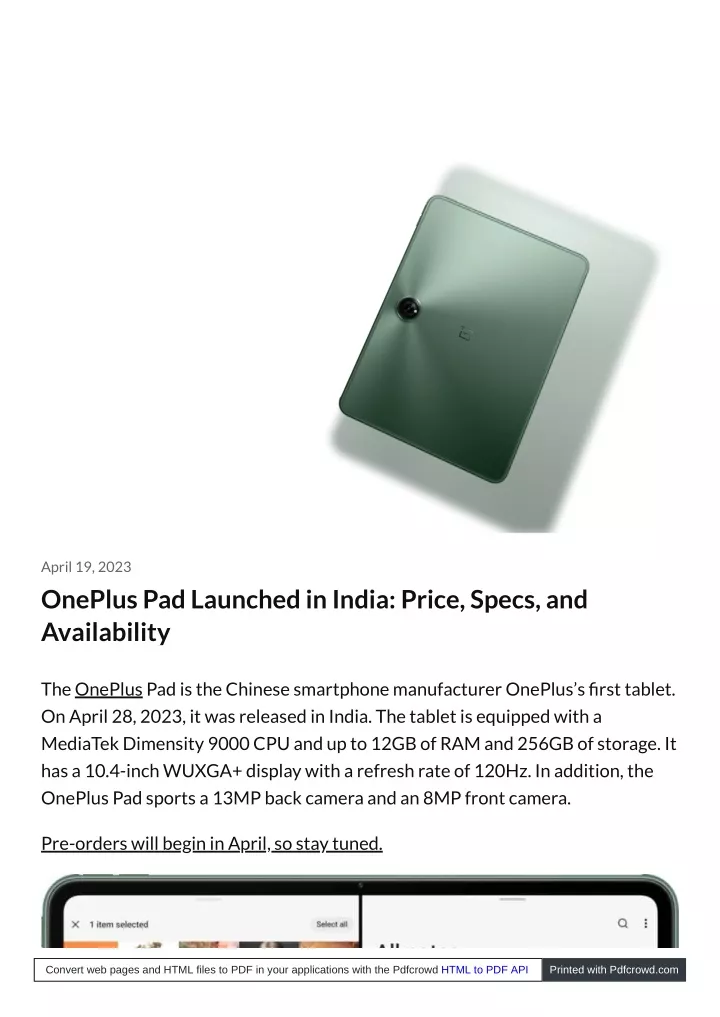 april 19 2023 oneplus pad launched in india price