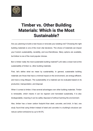 Timber vs. Other Building Materials Which is the Most Sustainable