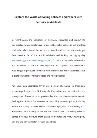 Explore the World of Rolling Tobacco and Papers with Ecchoice in Adelaide