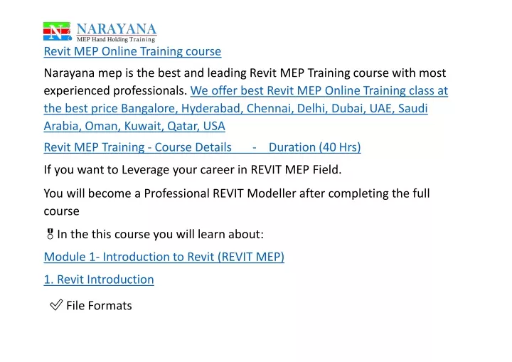 revit mep online training course narayana