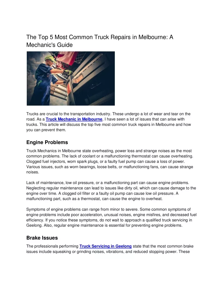 the top 5 most common truck repairs in melbourne