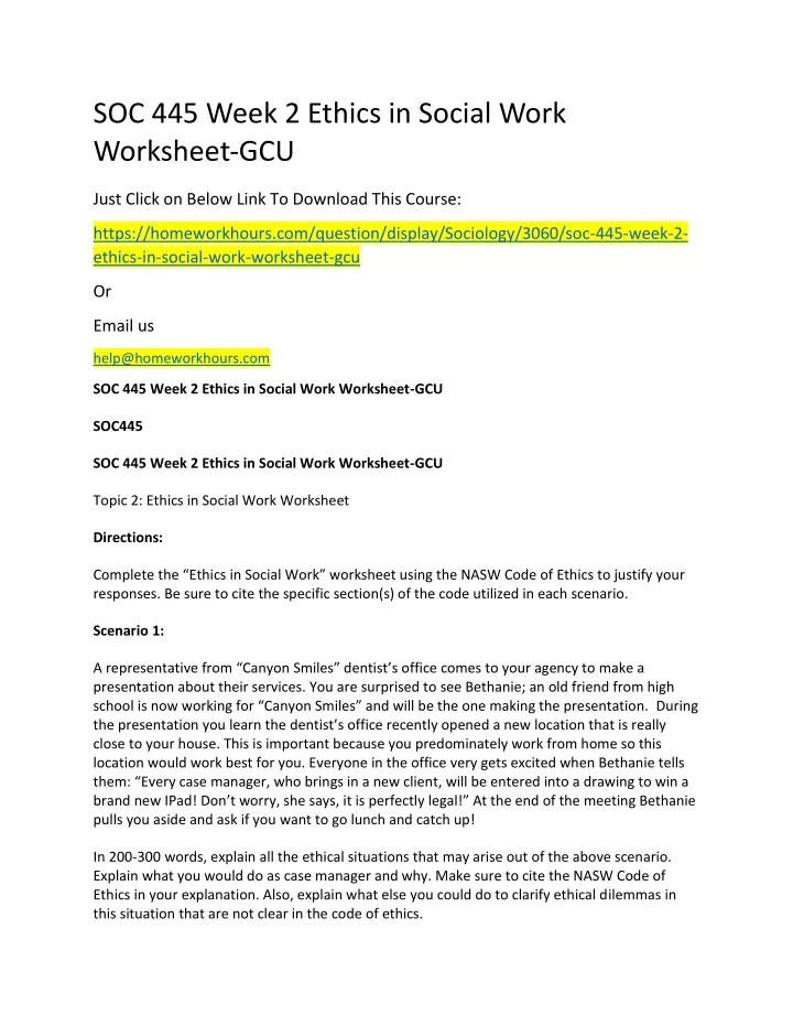 soc 445 week 2 ethics in social work worksheet gcu