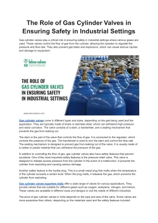 The Role of Gas Cylinder Valves in Ensuring Safety in Industrial Settings