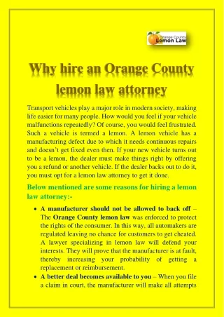 Why hire an Orange County lemon law attorney