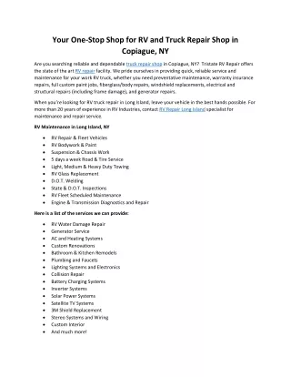 Your One-Stop Shop for RV and Truck Repair Shop in Copiague, NY