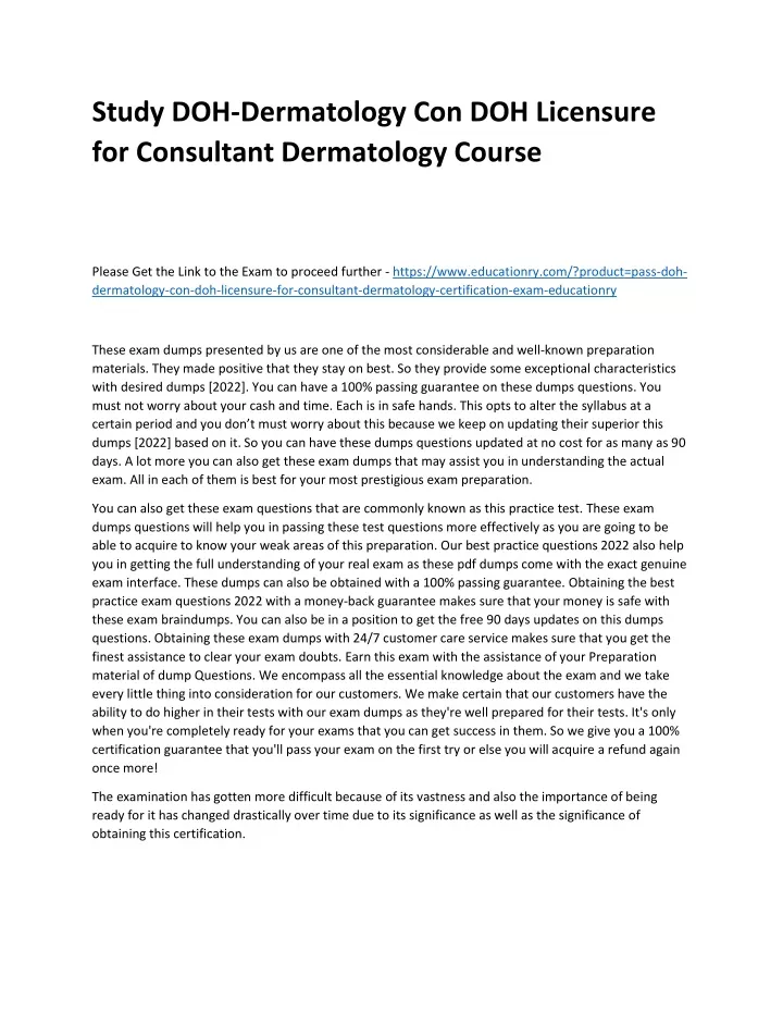 study doh dermatology con doh licensure