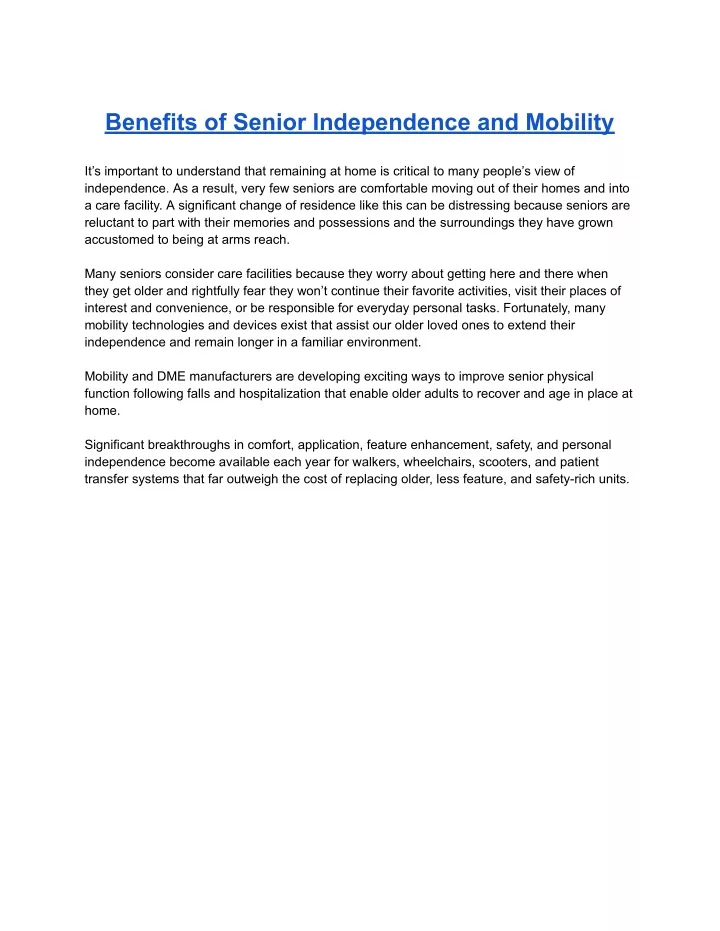 benefits of senior independence and mobility