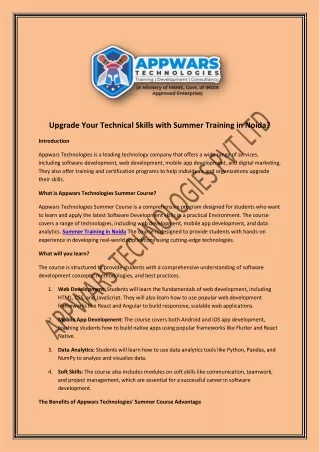Upgrade Your Technical Skills with Summer Training in Noida