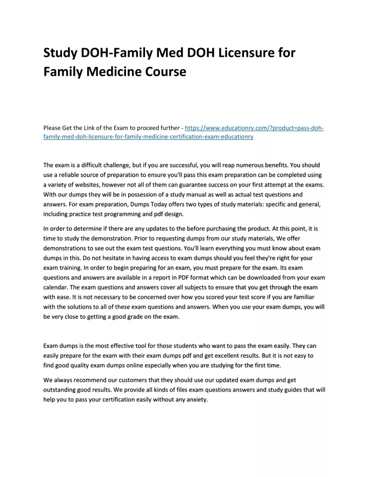 study doh family med doh licensure for family