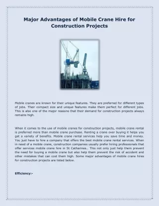 Major Advantages of Mobile Crane Hire for Construction Projects