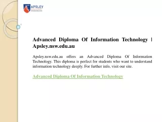 Advanced Diploma Of Information Technology  Apsley.nsw.edu.au