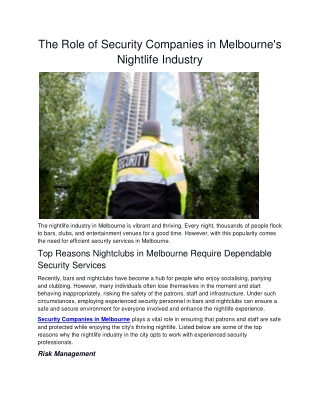 The Role of Security Companies in Melbourne Nightlife Industry