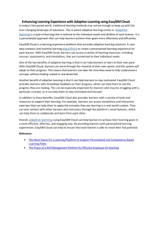 Enhancing Learning Experience with Adaptive Learning using EasySIM Cloud