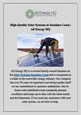 High-Quality Solar Systems in Sunshine Coast