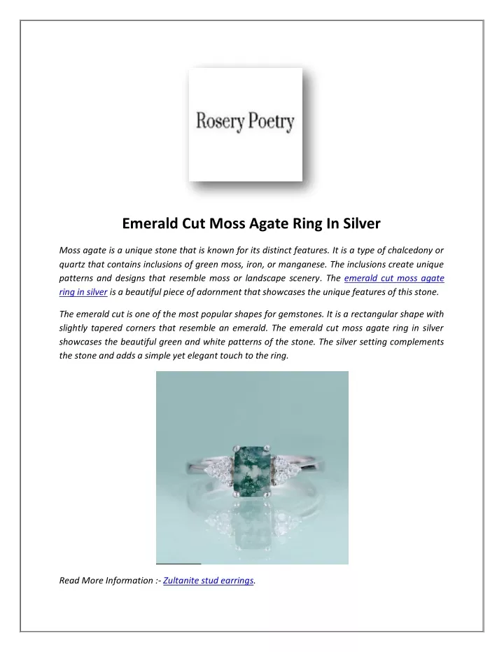 emerald cut moss agate ring in silver