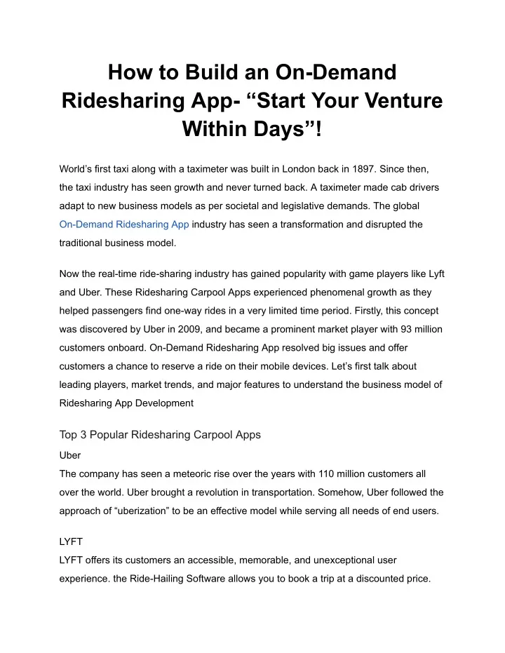 how to build an on demand ridesharing app start