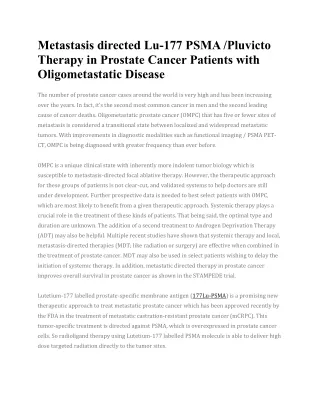 Metastasis directed Lu-177 PSMA Pluvicto Therapy in Prostate Cancer