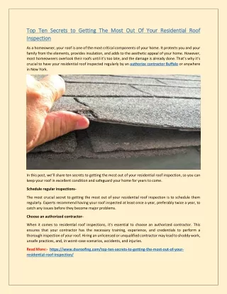 Top Ten Secrets to Getting The Most Out Of Your Residential Roof Inspection
