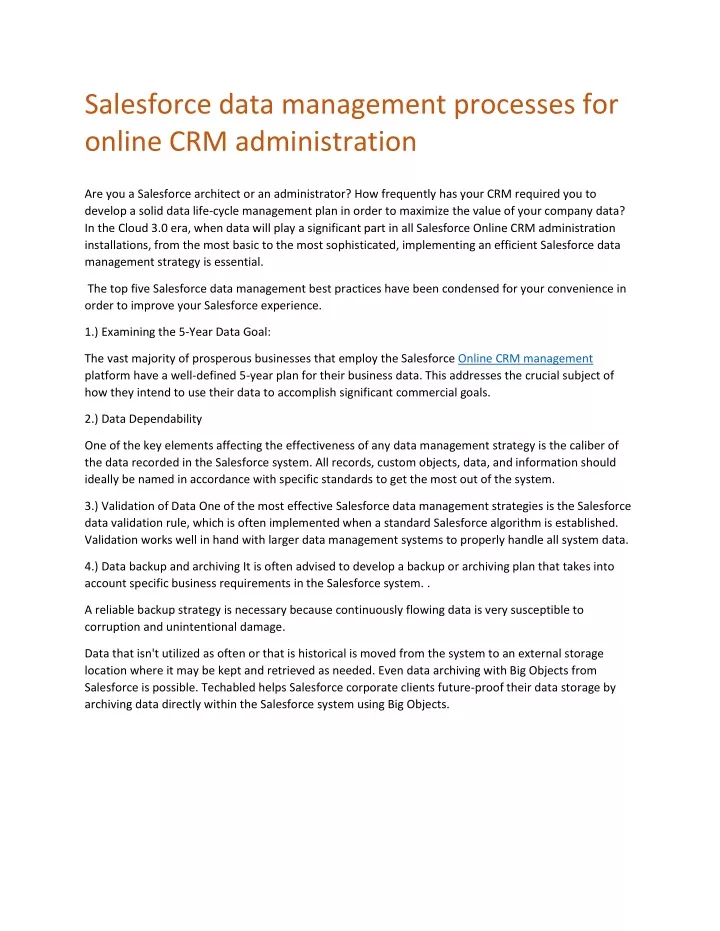 salesforce data management processes for online