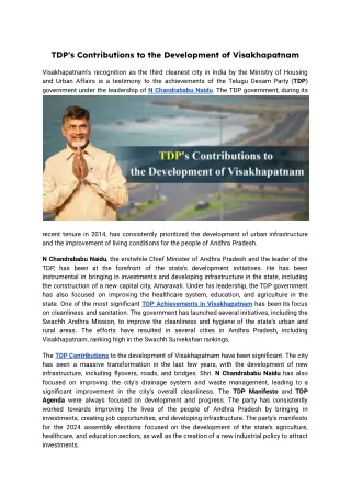 TDP's Contributions to the Development of Visakhapatnam