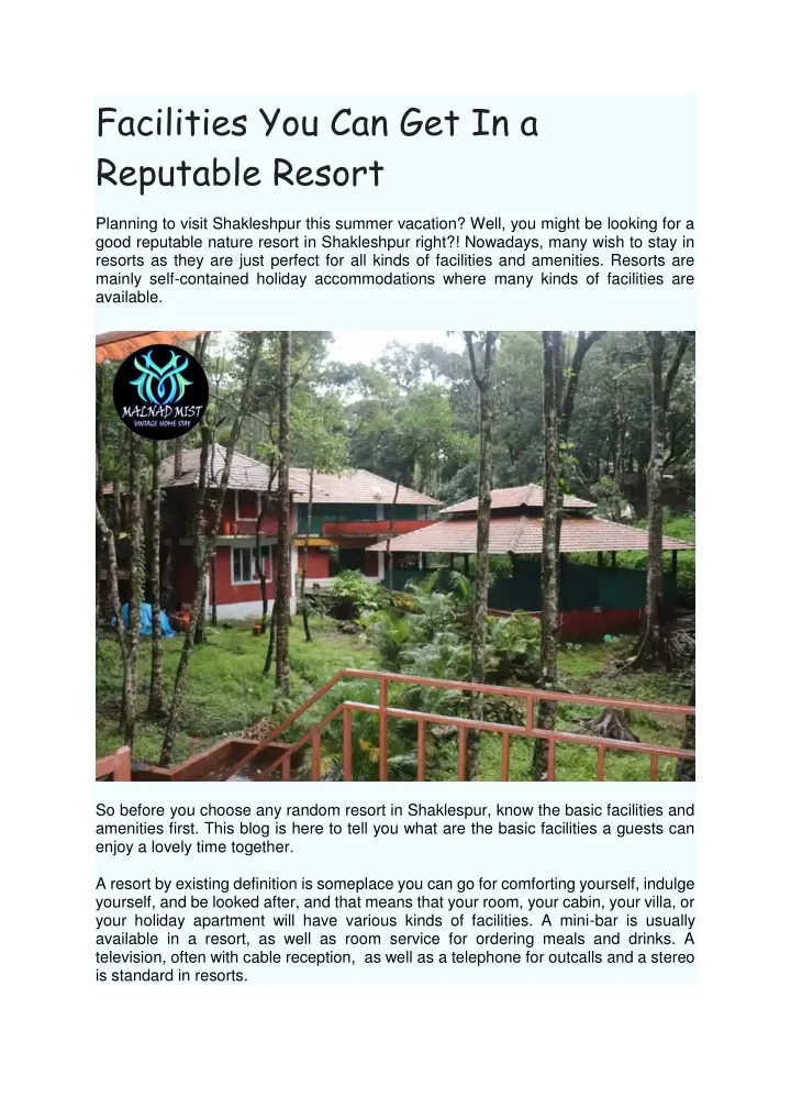 facilities you can get in a reputable resort