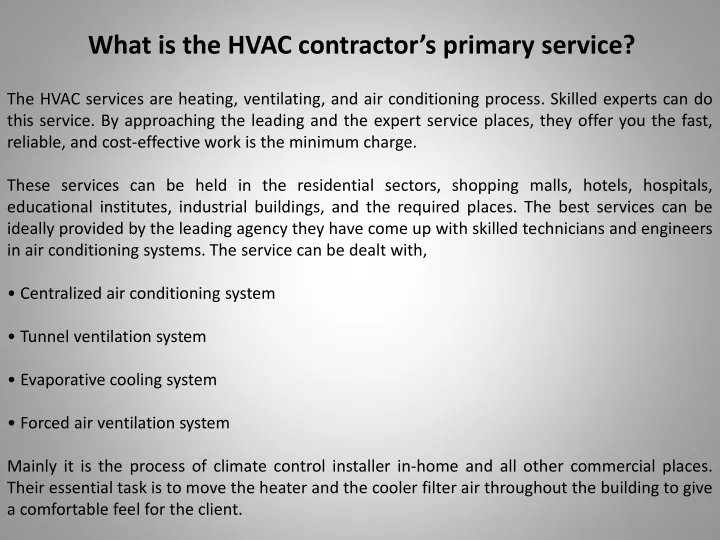 what is the hvac contractor s primary service