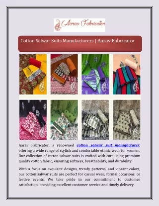 Cotton Salwar Suits Manufacturers | Aarav Fabricator