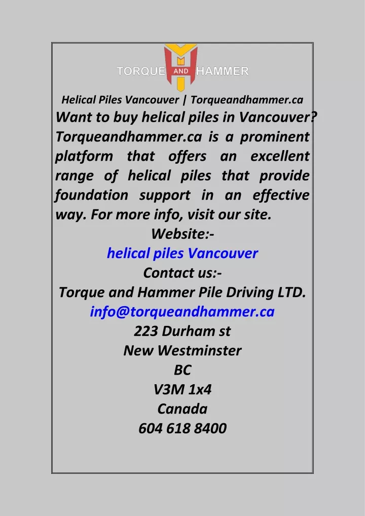 helical piles vancouver torqueandhammer ca want