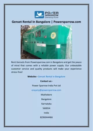 Genset Rental In Bangalore  Powersparrow