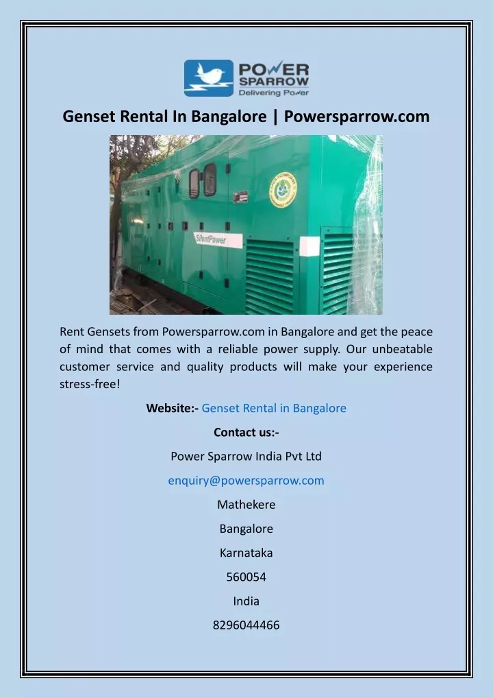 genset rental in bangalore powersparrow com