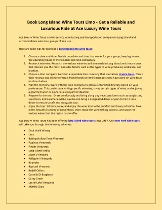 Book Long Island Wine Tours Limo - Get a Reliable and Luxurious Ride at Ace Luxury Wine Tours