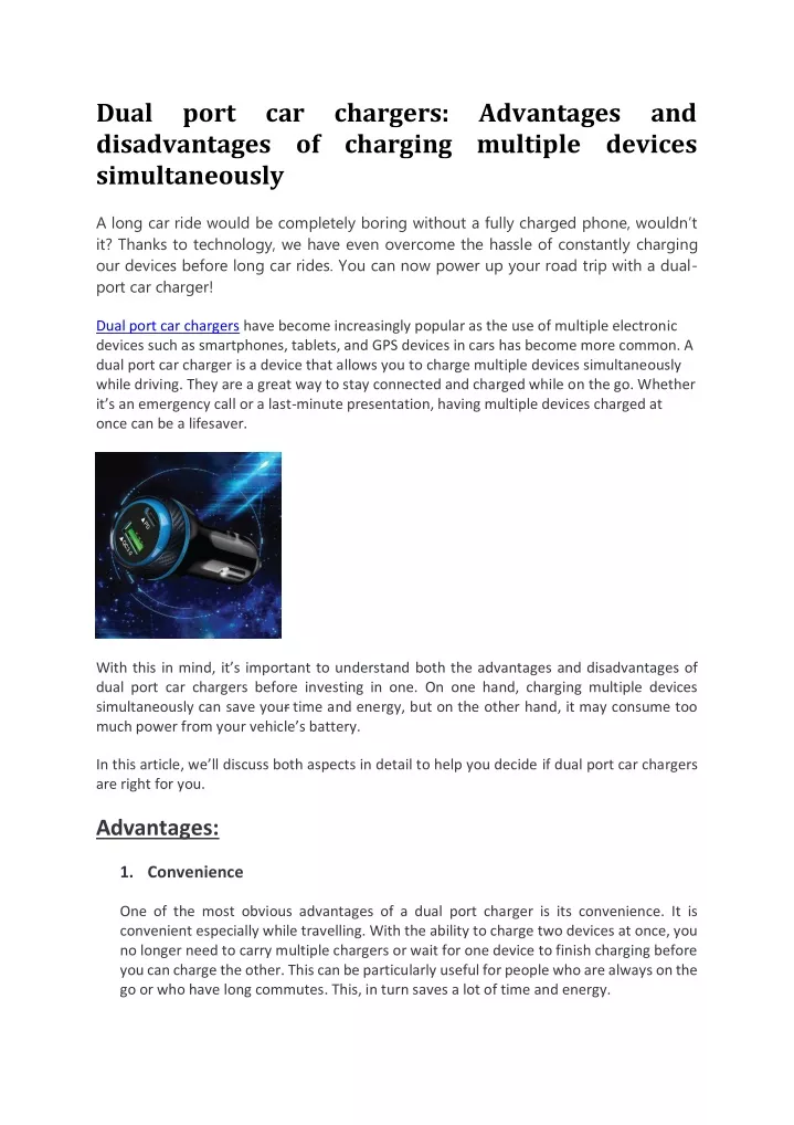 dual port car chargers advantages disadvantages