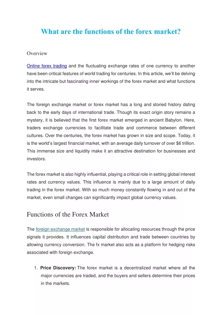 what are the functions of the forex market