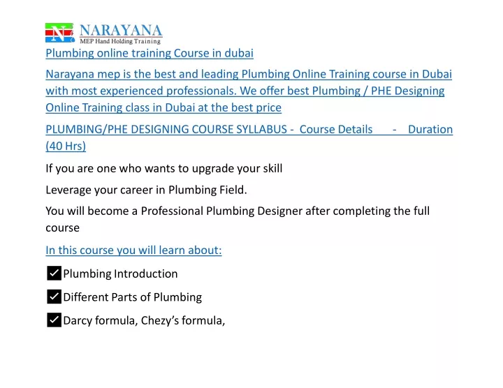 plumbing online training course in dubai narayana