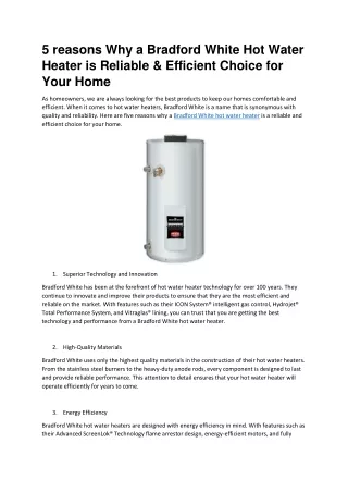5 reasons Why a Bradford White Hot Water Heater is Reliable & Efficient Choice for Your Home