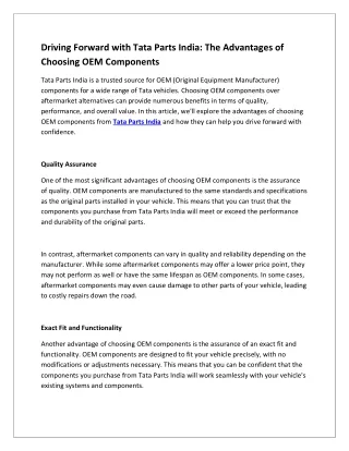 Driving Forward with Tata Parts India: The Advantages of Choosing OEM Components