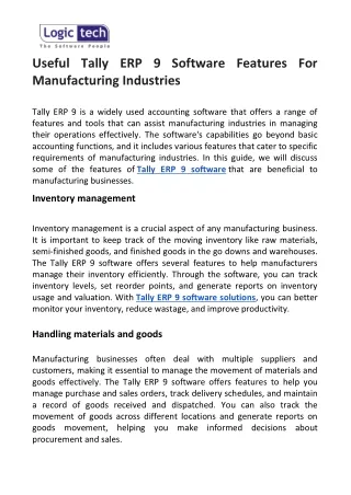 Useful Tally ERP 9 Software Features For Manufacturing Industries