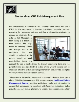 Stories about OHS Risk Management Plan