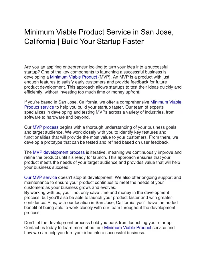 minimum viable product service in san jose