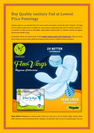 Buy Quality sanitary Pad at Lowest Price Femvings