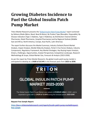 Growing Diabetes Incidence to Fuel the Global Insulin Patch Pump Market
