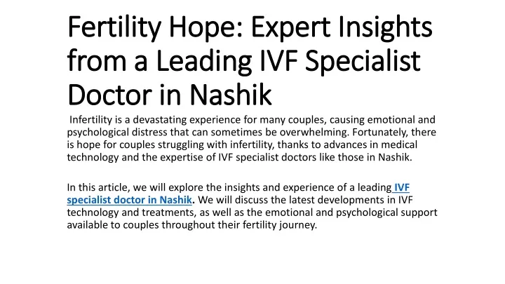 fertility hope expert insights from a leading ivf specialist doctor in nashik