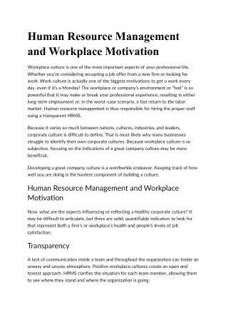 Human Resource Management and Workplace Motivation