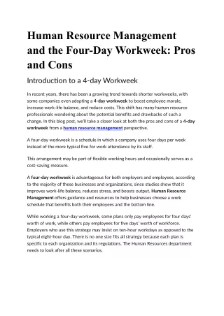 Human Resource Management and the Four Day Workweek Pros and Cons